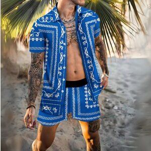 Men's Blue Print Collared Neck Short Sleeve Top & Shorts Resort Outfit